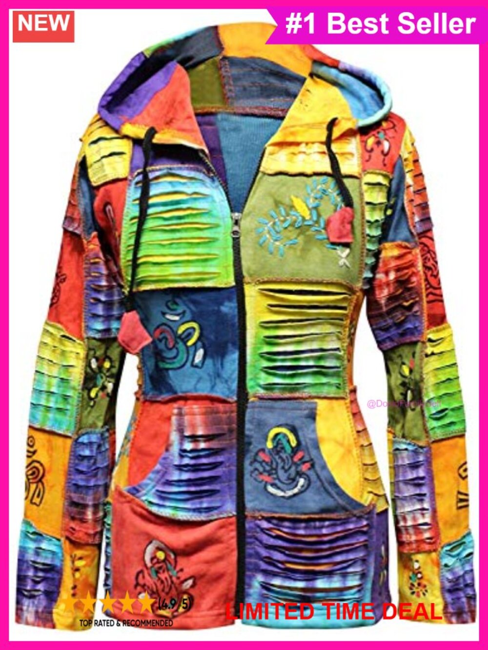 Cotton Tie Dye Patchwork Slashed Hoodie Zip Up Boho Cardigan